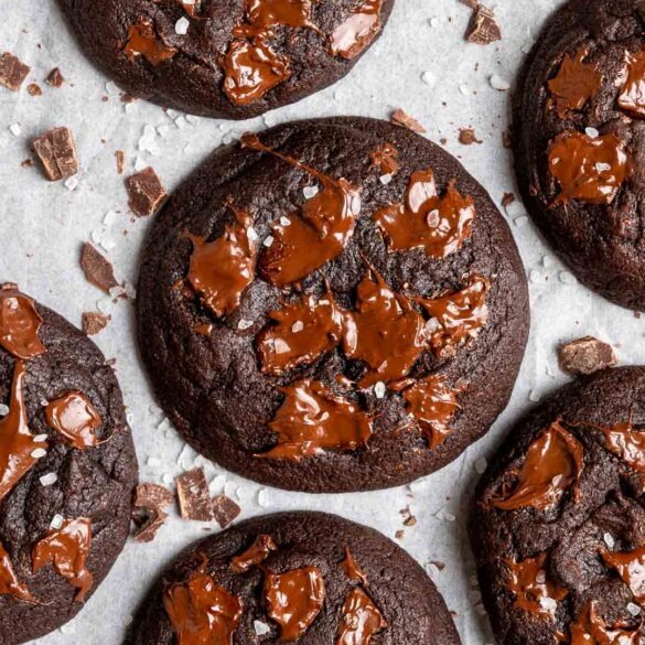 Chocolate brownie cookies on a baking tray.