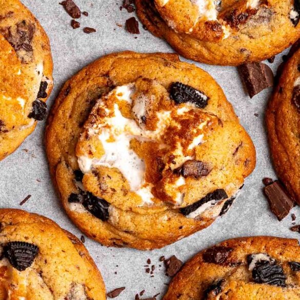 S'mores Oreo cookies on a baking tray.