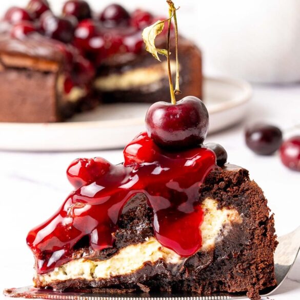 A slice of Black Forest cheesecake brownie cake on a cake slice.