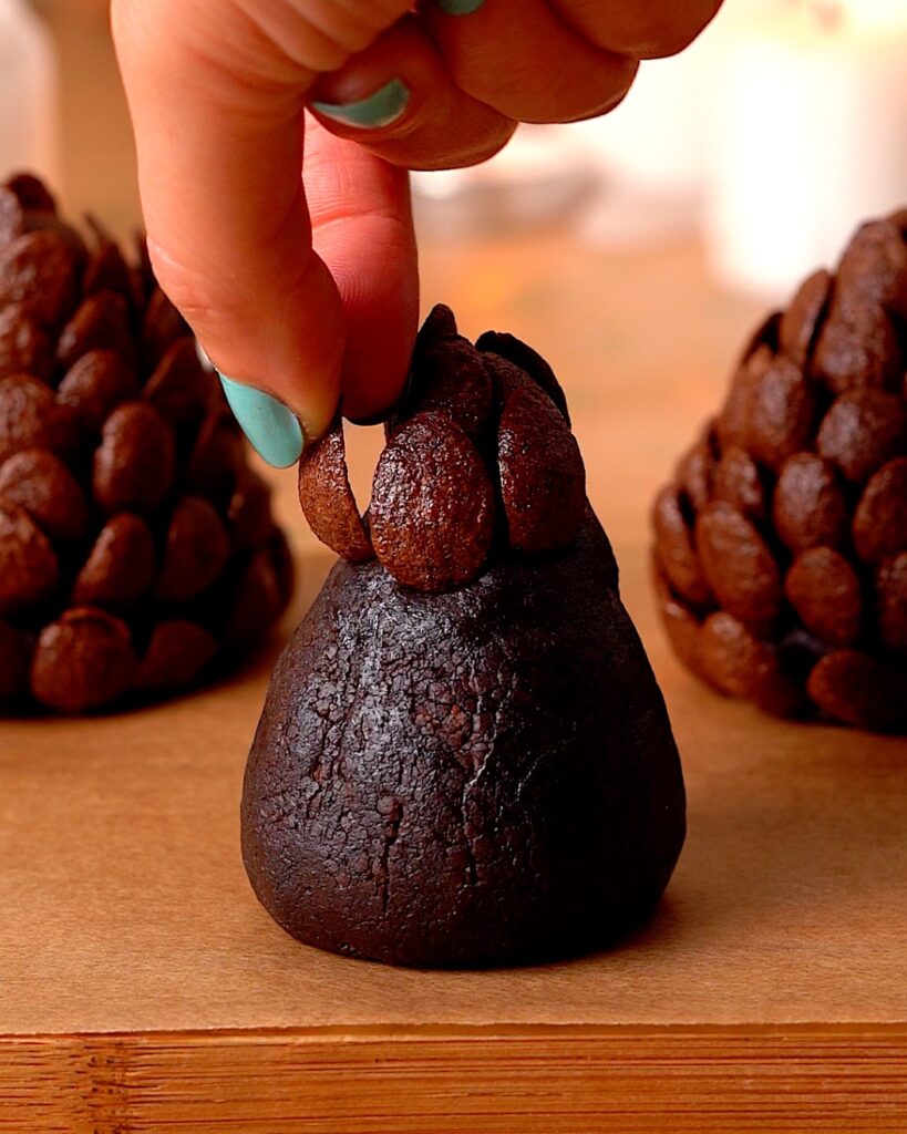 Sticking chocolate cereal into the pine cone shaped brownie.