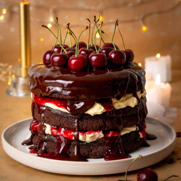 Black Forest chocolate fudge cake with cherries on top.