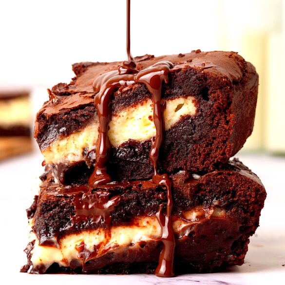 Cheesecake stuffed brownies stacked on top of each other with a drizzle of melted chocolate being poured on top.