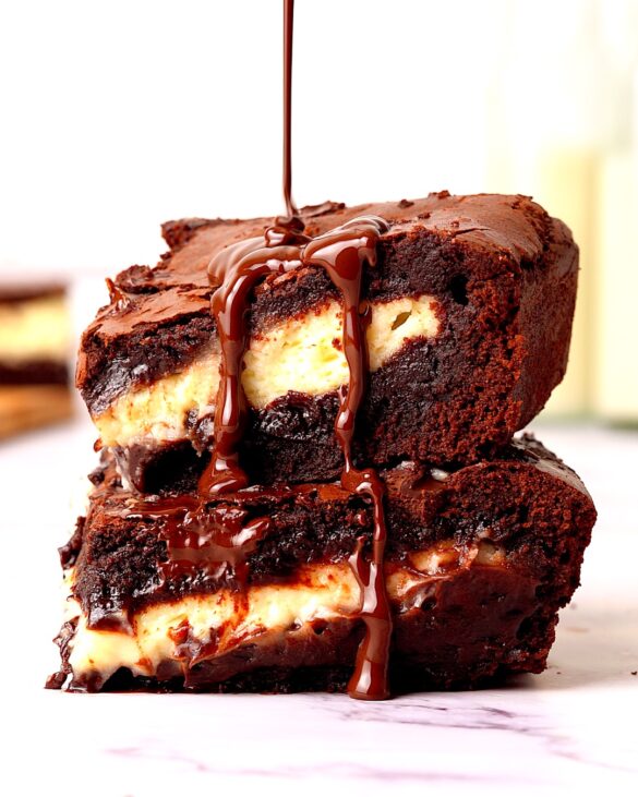 Cheesecake stuffed brownies stacked on top of each other with a drizzle of melted chocolate being poured on top.