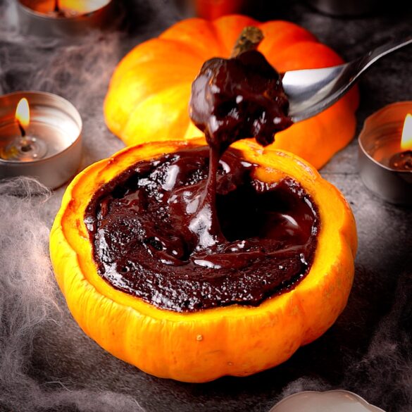 Chocolate lava cakes baking in mini pumpkins