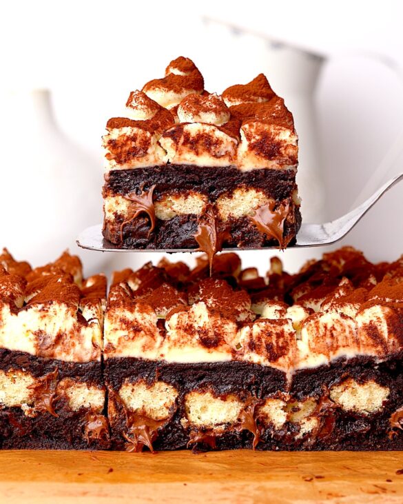 Tiramisu Nutella Brownies with lady fingers in side and nutella.