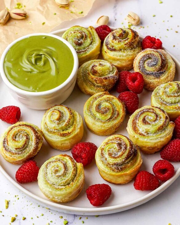 Mini pistachio cruffins and raspberry's on a plate with a pot of pistachio cream for dipping.