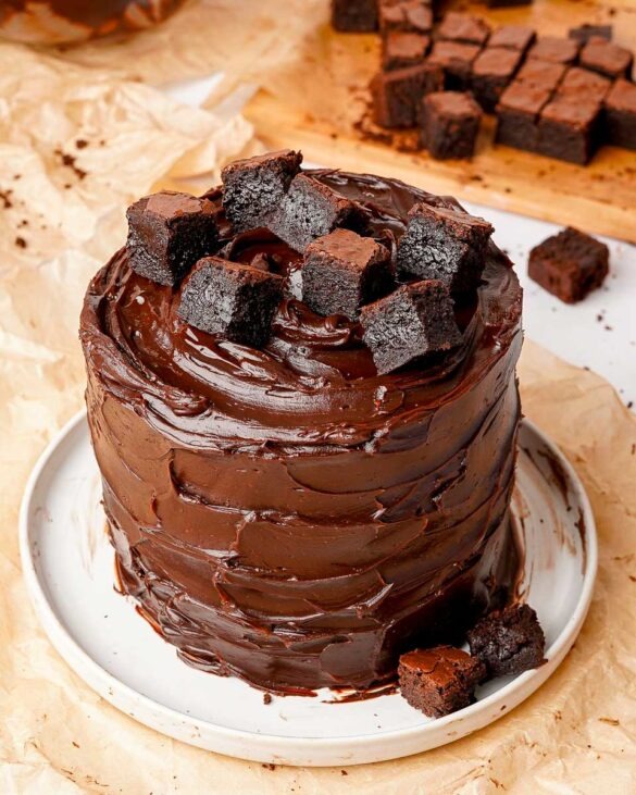 Whole Brownie Matilda Chocolate Brownie Cake covered in messy chocolate ganache and topped with chunky fudgy brownies