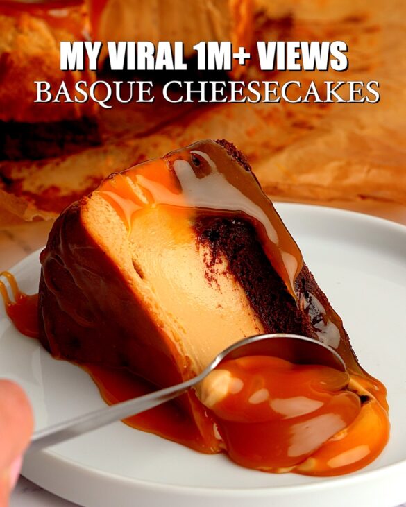 Slice of salted caramel brownie Basque cheesecake on a plate with a spoon taking a scoop out of the slide.