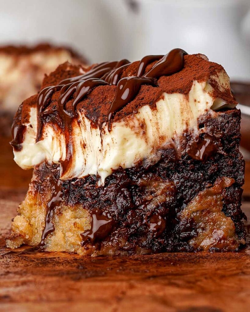 Tiramisu-brookies-fudgy-mascarpone.jpg - Ems Foodie Fix Tiramisu Brookies with a layer of Mascarpone cream on top dusted in cocoa with a drizzle of melted chocolate.