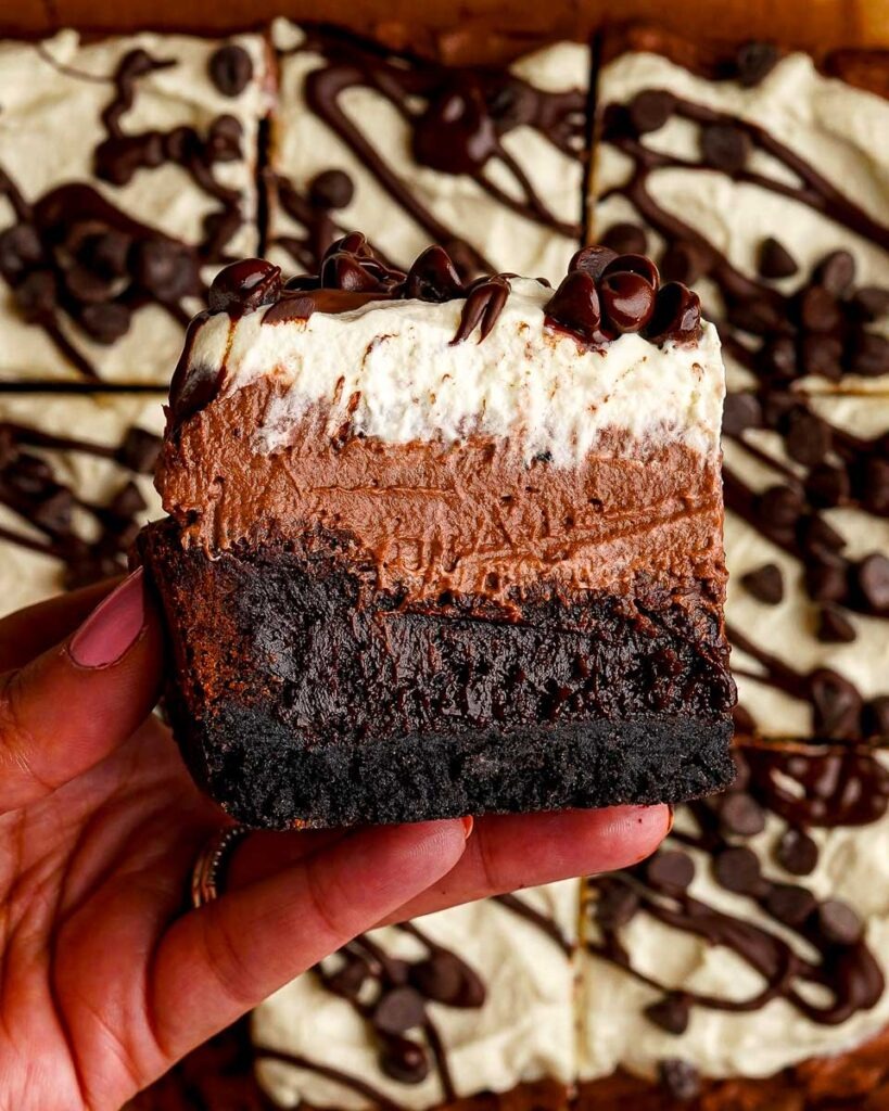 The Best Mississippi Mud Brownies with melted chocolate dripping down with chocolate chips on top.
