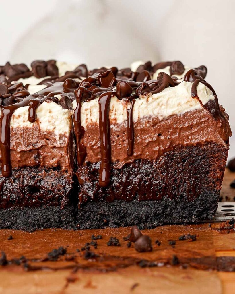 he Best Mississippi Mud Brownies with melted chocolate dripping down with chocolate chips on top.