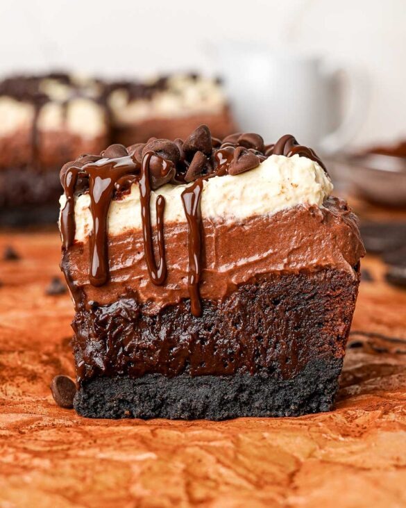 The Best Mississippi Mud Brownies with melted chocolate dripping down with chocolate chips on top.