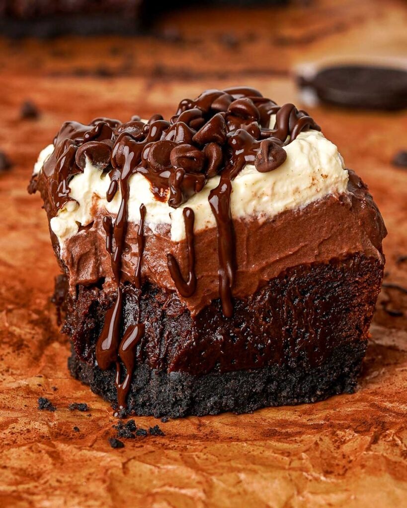 The Best Mississippi Mud Brownies with melted chocolate dripping down with chocolate chips on top.