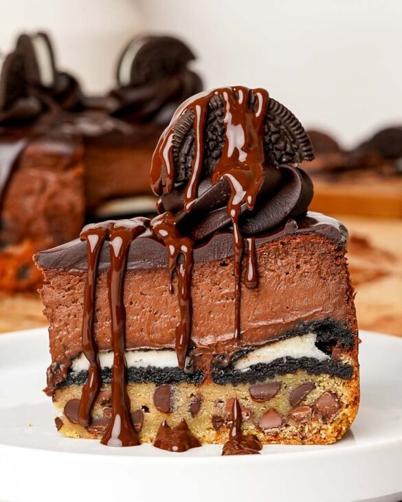 Slice of Slutty basque cheesecake with a chocolate drizzle.