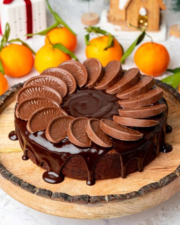Fudgy chocolate orange brownie cake with a whole Terry’s Chocolate Orange on top.