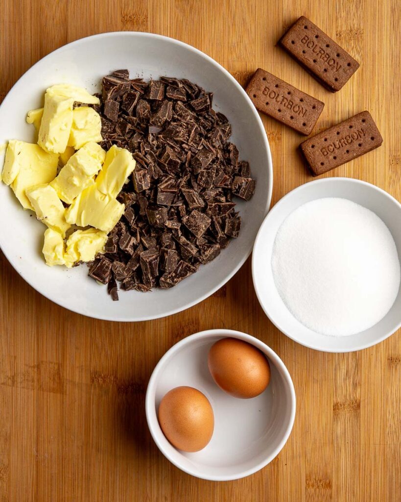 Ingredients needed to make Bourbon biscuit brownies.