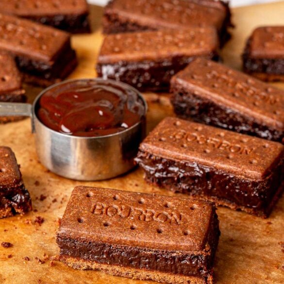 Fudgy bourbon biscuit brownies made with five ingredients and layered biscuits