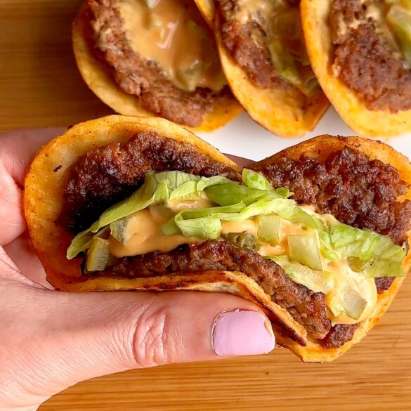 Heart shaped smash burger tacos for valentines day.