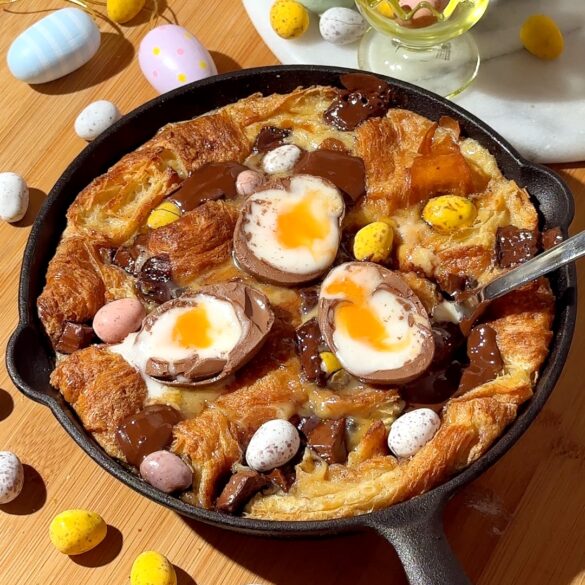 Mini Egg Croissant Bread and Butter Pudding with creme eggs on top for Easter.
