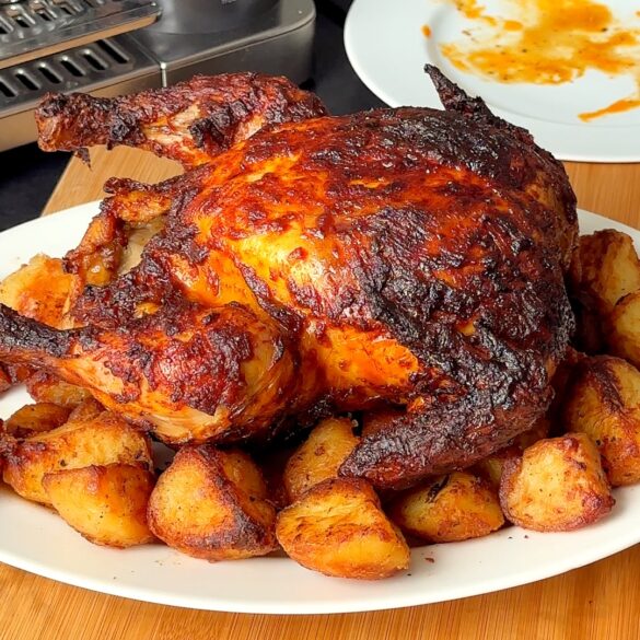 Air-Fryer-Roast-Chicken-Juicy-Meat-and-Crispy-Skin.jpg Air fryer whole roasted chicken with crispy skin on a bed of roasted potatoes on a white plate in a kitchen setting