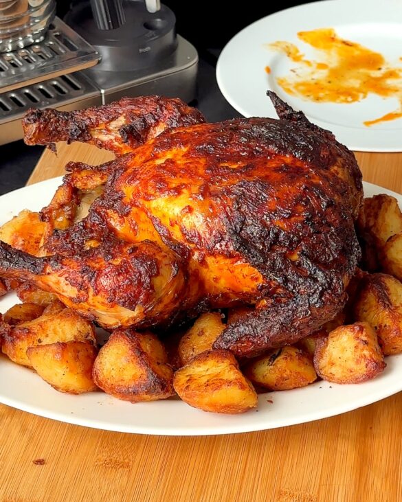 Air fryer whole roasted chicken with crispy skin on a bed of roasted potatoes on a white plate in a kitchen setting
