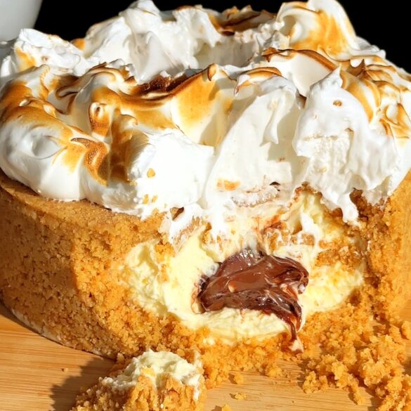 S'mores upside down cheesecake with nutella oozing out.