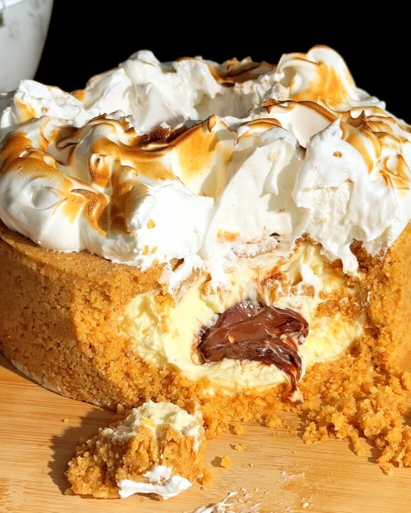 Smores-upside-down-cheesecake -recipe.jpg - Ems Foodie Fix S'mores upside down cheesecake with nutella oozing out.
