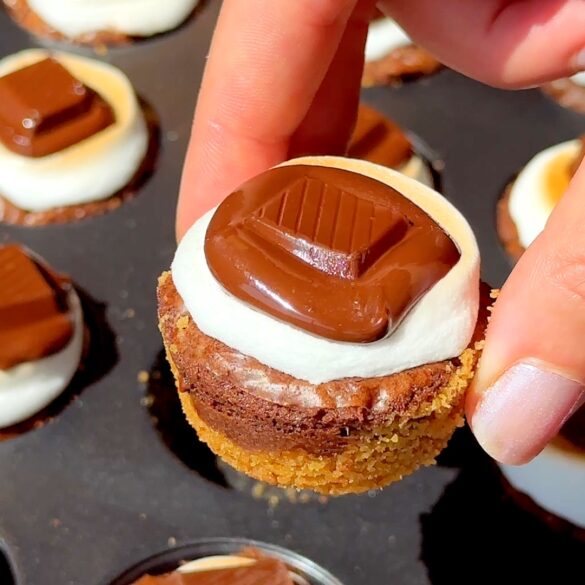 Mini s'mores brownie bite with a melted marshmallow and piece of chocolate on top.