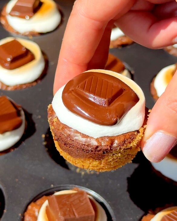 Mini s'mores brownie bite with a melted marshmallow and piece of chocolate on top.