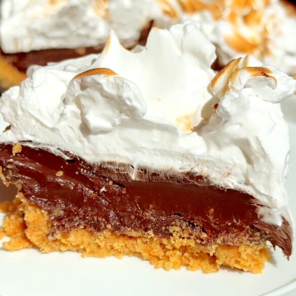 S’mores-no-bake-pie-summer-dessert.jpg Slice of chocolate pie with a crumb crust, thick glossy chocolate filling, and a mound of fluffy whipped cream on top, served on a white plate.