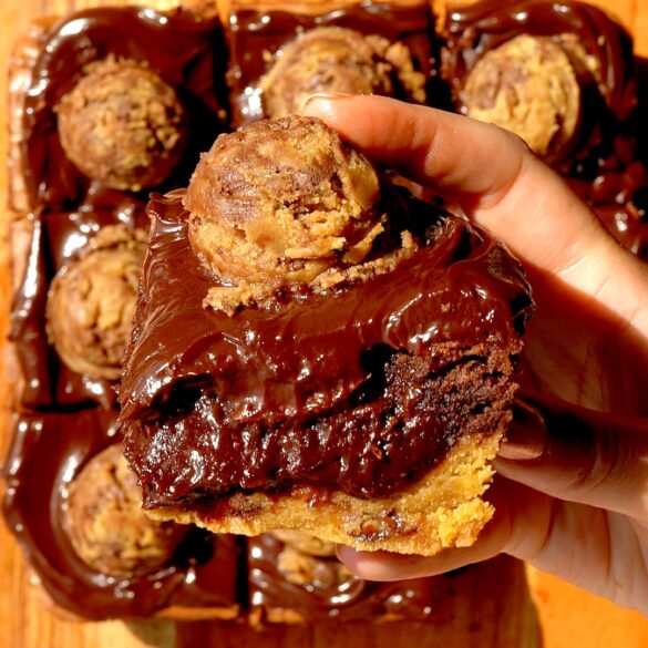 Furdgy Cookie Dough Brookies with scoops of cookie dough on top.
