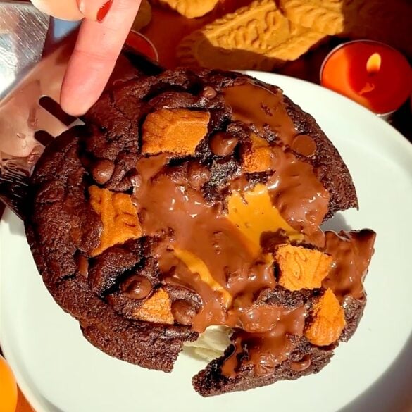 Chocolate biscoff cookie served on top of vanilla ice cream.